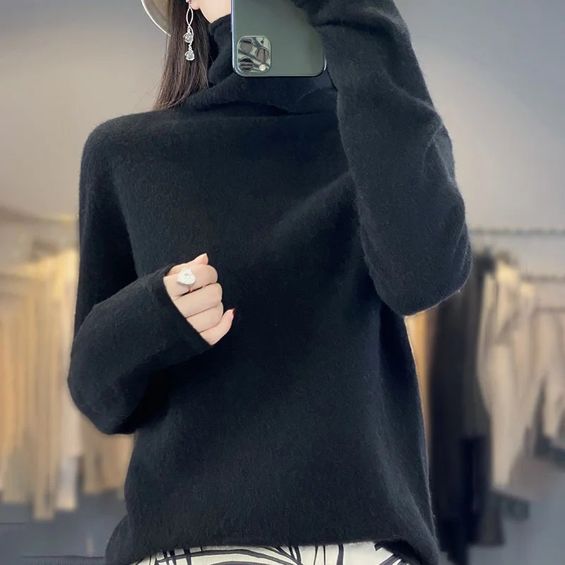 Autumn Winter Women 100% Merino Wool Sweater Curled Pile Collar Warm Pullover Long Sleeve Cashmere Knitwear New Bottoming Tops