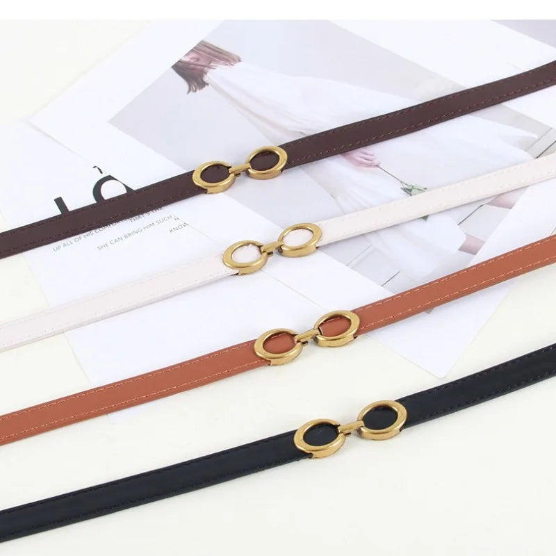 Women's Leather Skinny Belt  No-Hole Adjustable for Dress Adjustable Thin Waist Belt for Lady Waistband with Golden Buckle