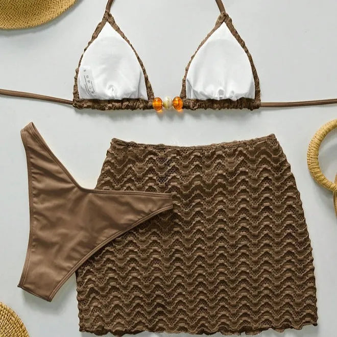 Sexy Bikini Set Women Halter Push Up Bra Skirt 3 Piece Swimsuit Bathing Suit Cover Up Thong Swimwear Biquini Купальник Женский