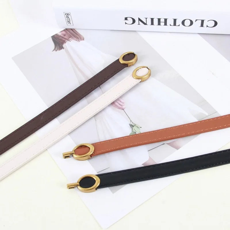 Women's Leather Skinny Belt  No-Hole Adjustable for Dress Adjustable Thin Waist Belt for Lady Waistband with Golden Buckle