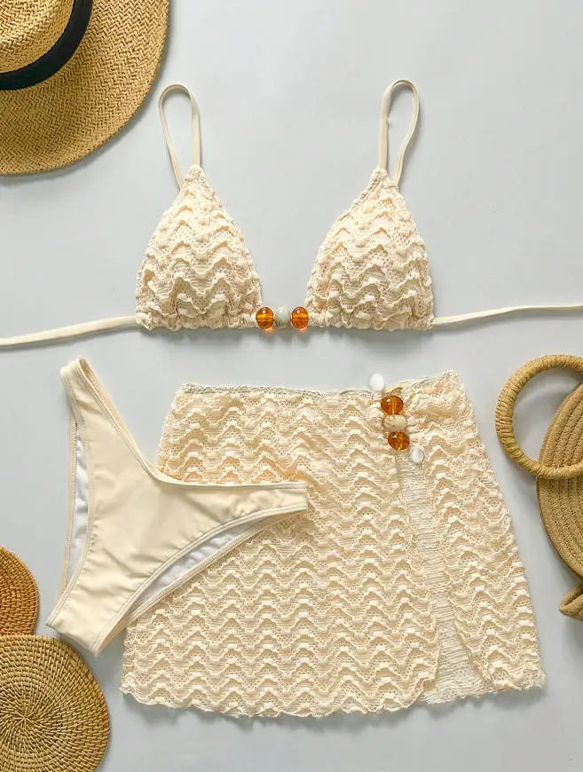 Sexy Bikini Set Women Halter Push Up Bra Skirt 3 Piece Swimsuit Bathing Suit Cover Up Thong Swimwear Biquini Купальник Женский