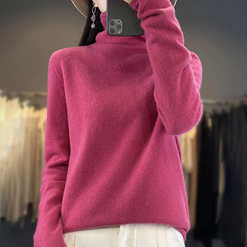 Autumn Winter Women 100% Merino Wool Sweater Curled Pile Collar Warm Pullover Long Sleeve Cashmere Knitwear New Bottoming Tops