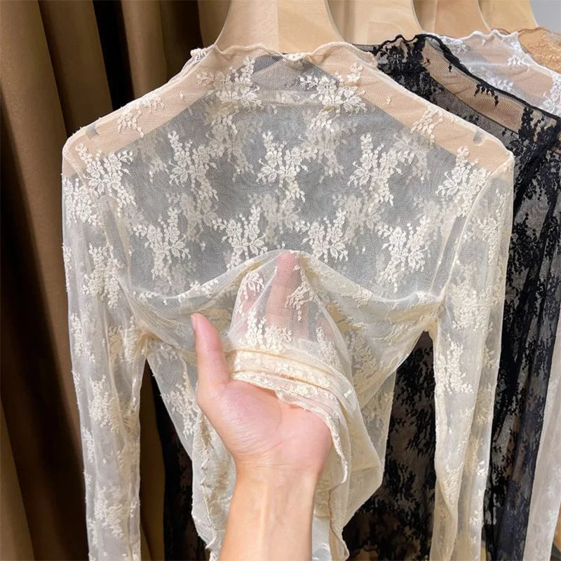 Top – Lace Floral Embroidery Mesh Blouse