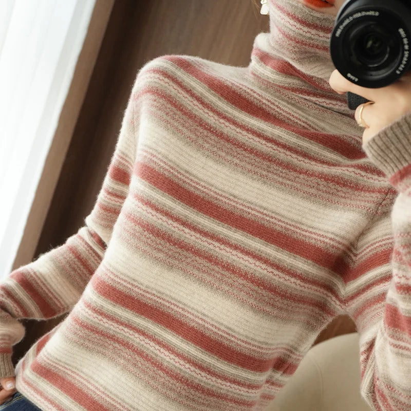 Autumn Winter Women Sweater Turtleneck Long Sleeve Warm Pullovers Fashion Stripe Knitwear Korean Bottoming Shirt Basic Jumper