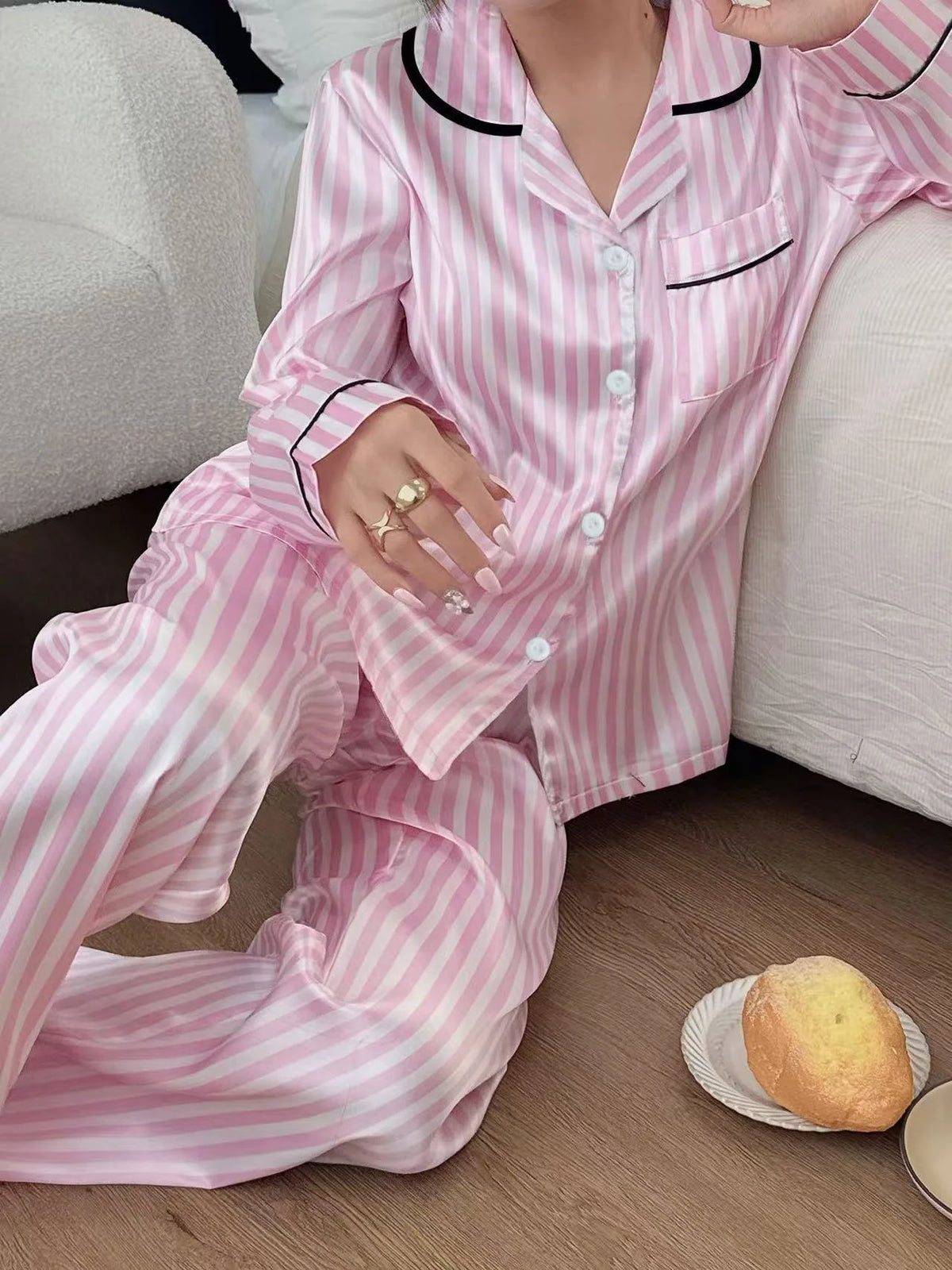 Loungewear – Pink Striped Satin Pajama Set