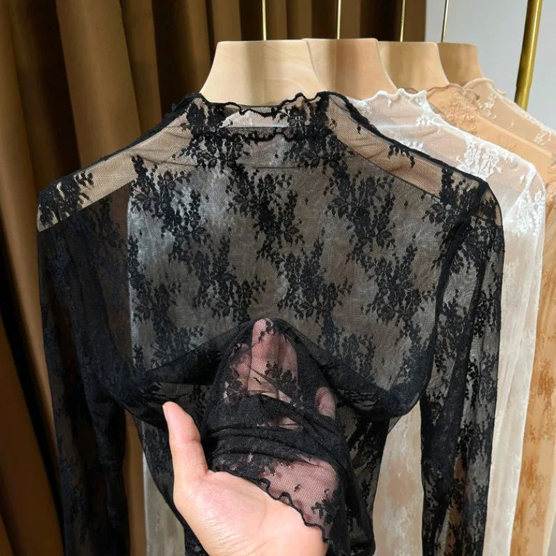 Top – Lace Floral Embroidery Mesh Blouse
