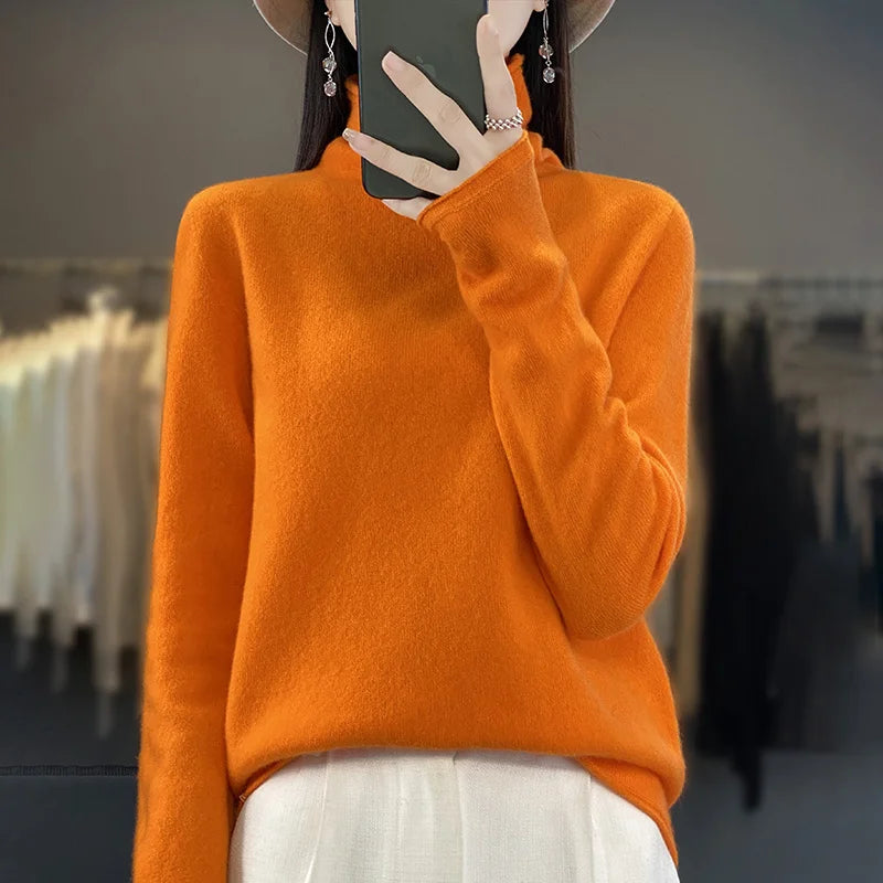 Autumn Winter Women 100% Merino Wool Sweater Curled Pile Collar Warm Pullover Long Sleeve Cashmere Knitwear New Bottoming Tops