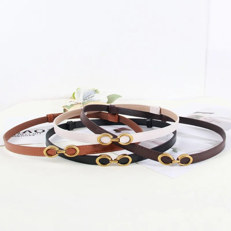 Women's Leather Skinny Belt  No-Hole Adjustable for Dress Adjustable Thin Waist Belt for Lady Waistband with Golden Buckle