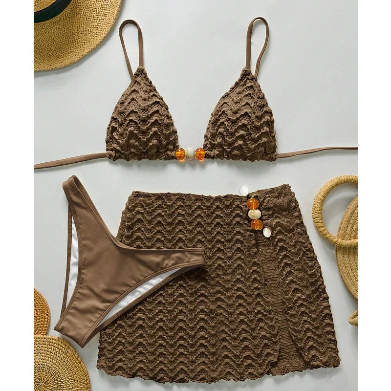 Sexy Bikini Set Women Halter Push Up Bra Skirt 3 Piece Swimsuit Bathing Suit Cover Up Thong Swimwear Biquini Купальник Женский