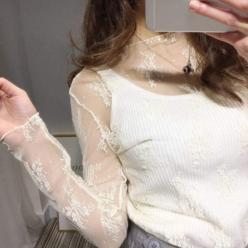Top – Lace Floral Embroidery Mesh Blouse