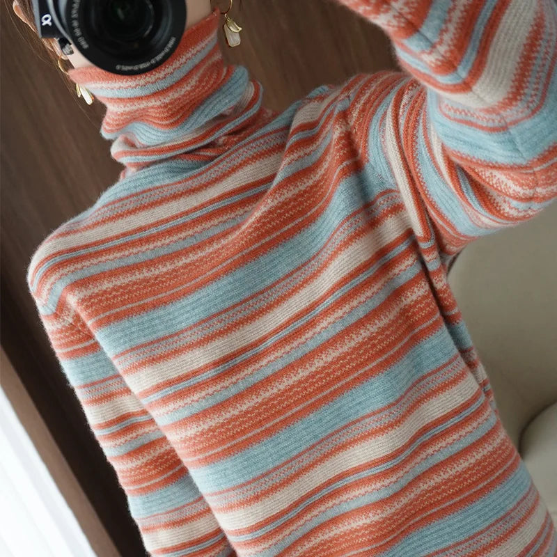 Autumn Winter Women Sweater Turtleneck Long Sleeve Warm Pullovers Fashion Stripe Knitwear Korean Bottoming Shirt Basic Jumper
