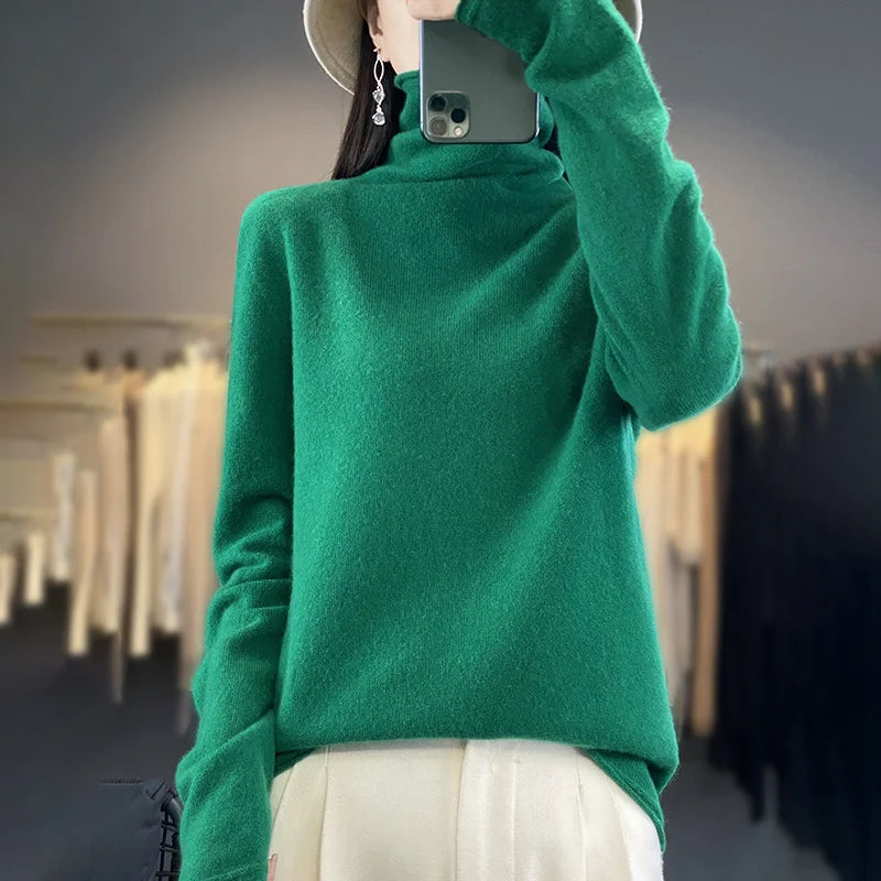 Autumn Winter Women 100% Merino Wool Sweater Curled Pile Collar Warm Pullover Long Sleeve Cashmere Knitwear New Bottoming Tops