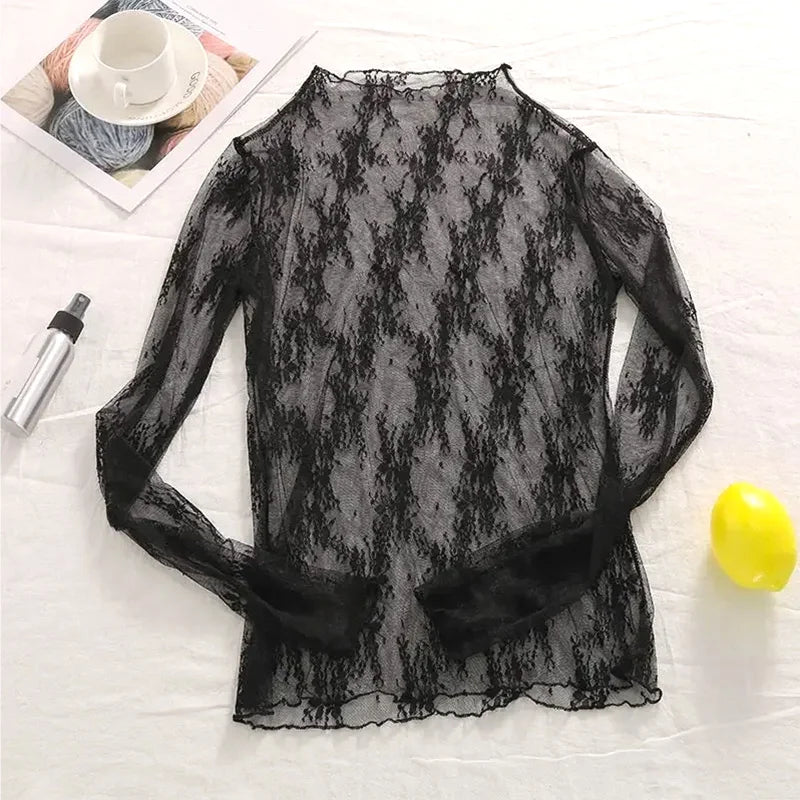 Top – Lace Floral Embroidery Mesh Blouse