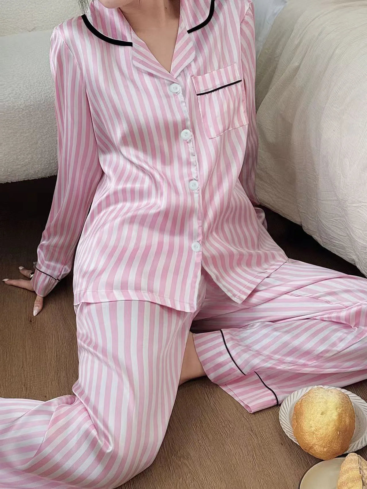 Loungewear – Pink Striped Satin Pajama Set