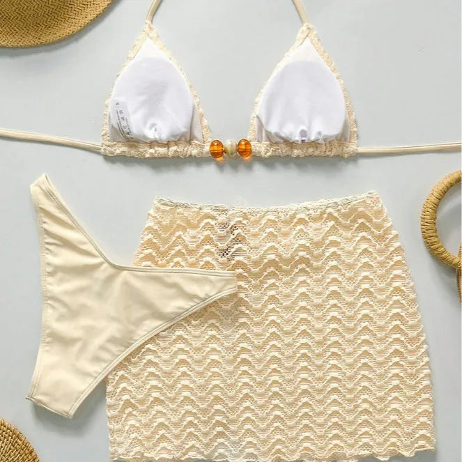 Sexy Bikini Set Women Halter Push Up Bra Skirt 3 Piece Swimsuit Bathing Suit Cover Up Thong Swimwear Biquini Купальник Женский