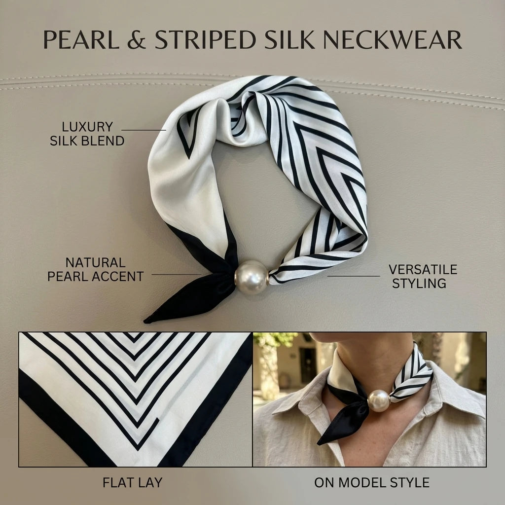 Pearl Silk Scarves For Women Ties Magnetic Clasp French Retro Silk Feel Neck Bows Jewelry Elegant Adjustable Summer bech scarves