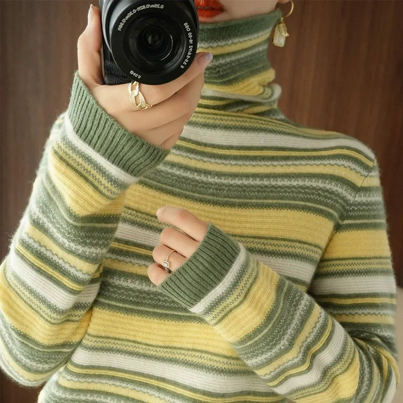 Autumn Winter Women Sweater Turtleneck Long Sleeve Warm Pullovers Fashion Stripe Knitwear Korean Bottoming Shirt Basic Jumper
