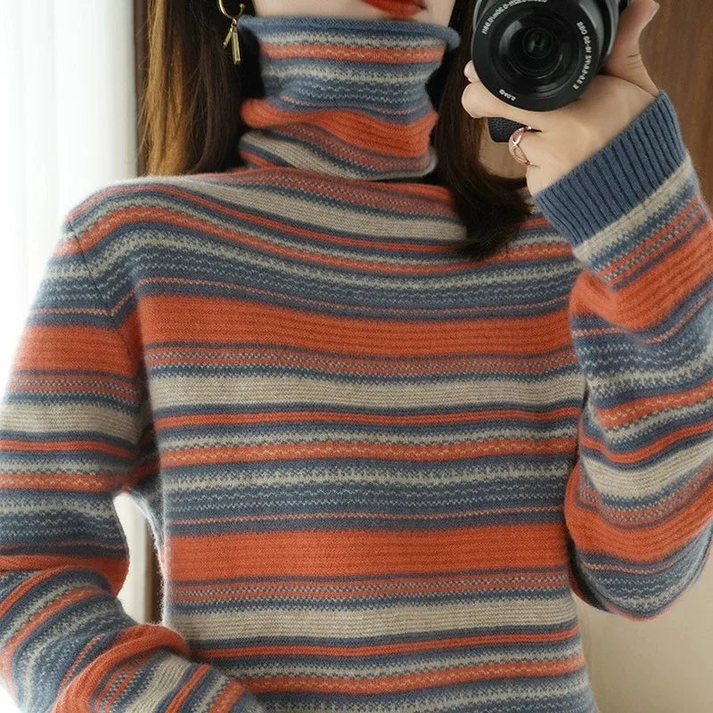 Autumn Winter Women Sweater Turtleneck Long Sleeve Warm Pullovers Fashion Stripe Knitwear Korean Bottoming Shirt Basic Jumper