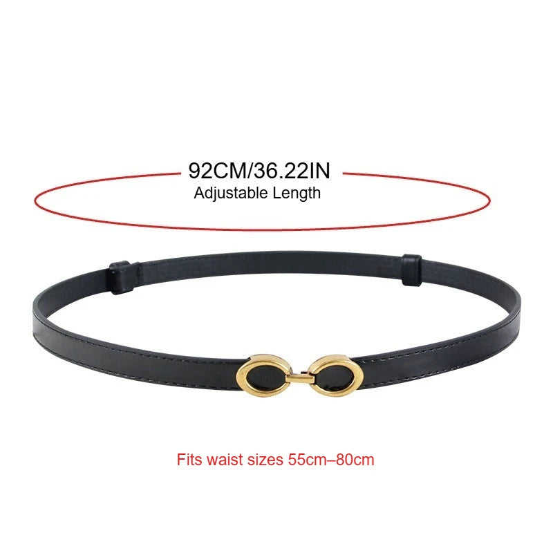 Women's Leather Skinny Belt  No-Hole Adjustable for Dress Adjustable Thin Waist Belt for Lady Waistband with Golden Buckle