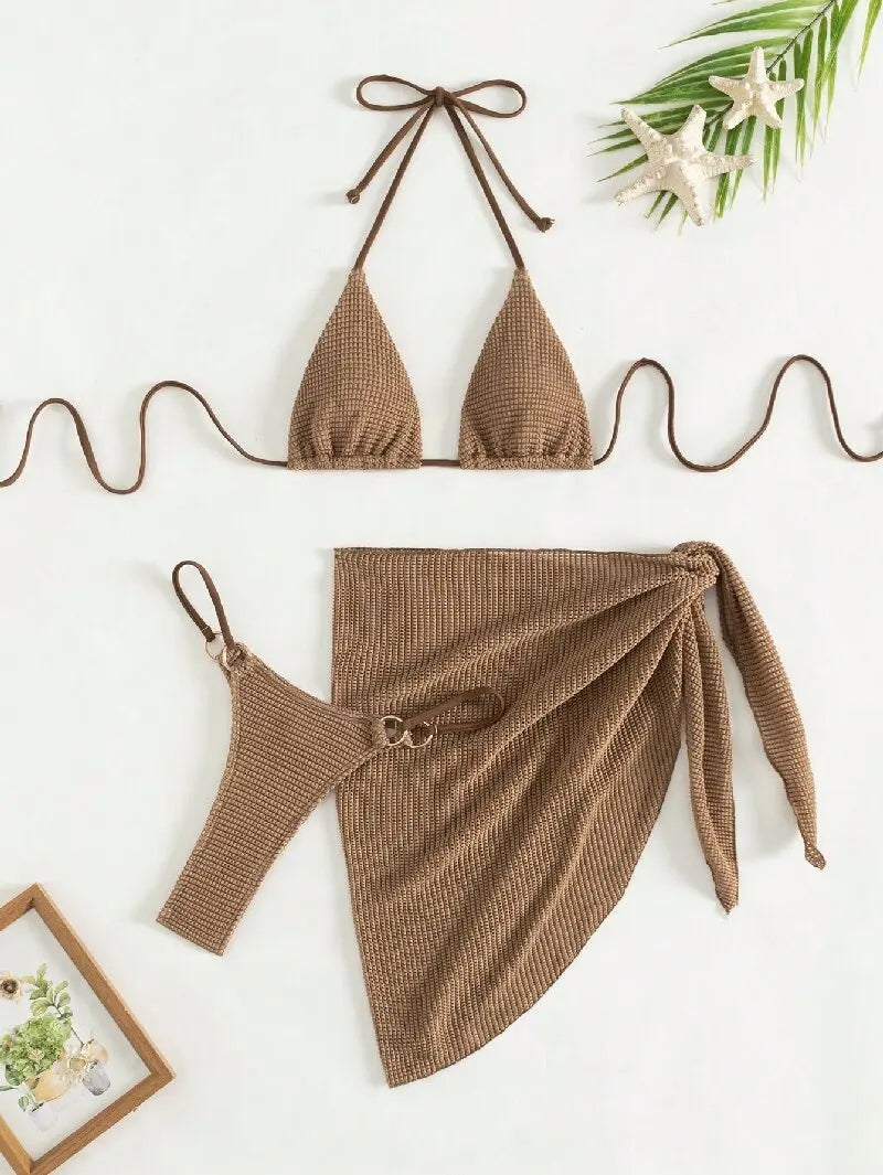 Sexy Bikini Set Women Halter Push Up Bra Skirt 3 Piece Swimsuit Bathing Suit Cover Up Thong Swimwear Biquini Купальник Женский