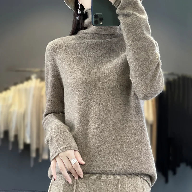 Autumn Winter Women 100% Merino Wool Sweater Curled Pile Collar Warm Pullover Long Sleeve Cashmere Knitwear New Bottoming Tops