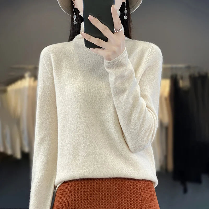 Autumn Winter Women 100% Merino Wool Sweater Curled Pile Collar Warm Pullover Long Sleeve Cashmere Knitwear New Bottoming Tops