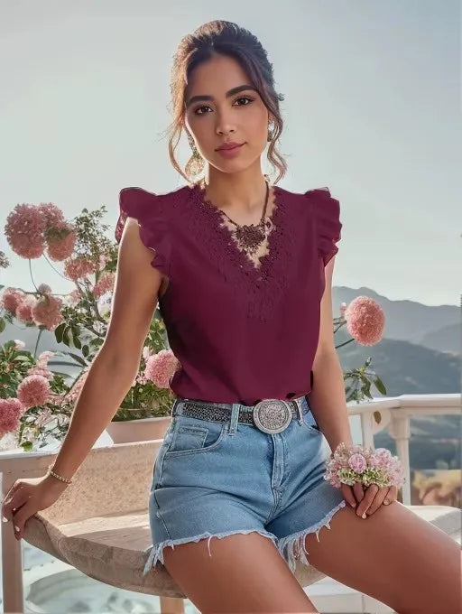 Top – Elegant Lace V-Neck Summer Blouse