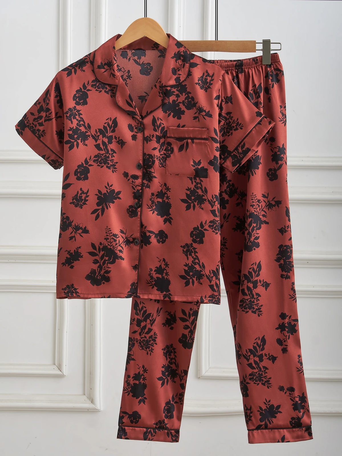 Loungewear – Red Floral Satin Pajama Set