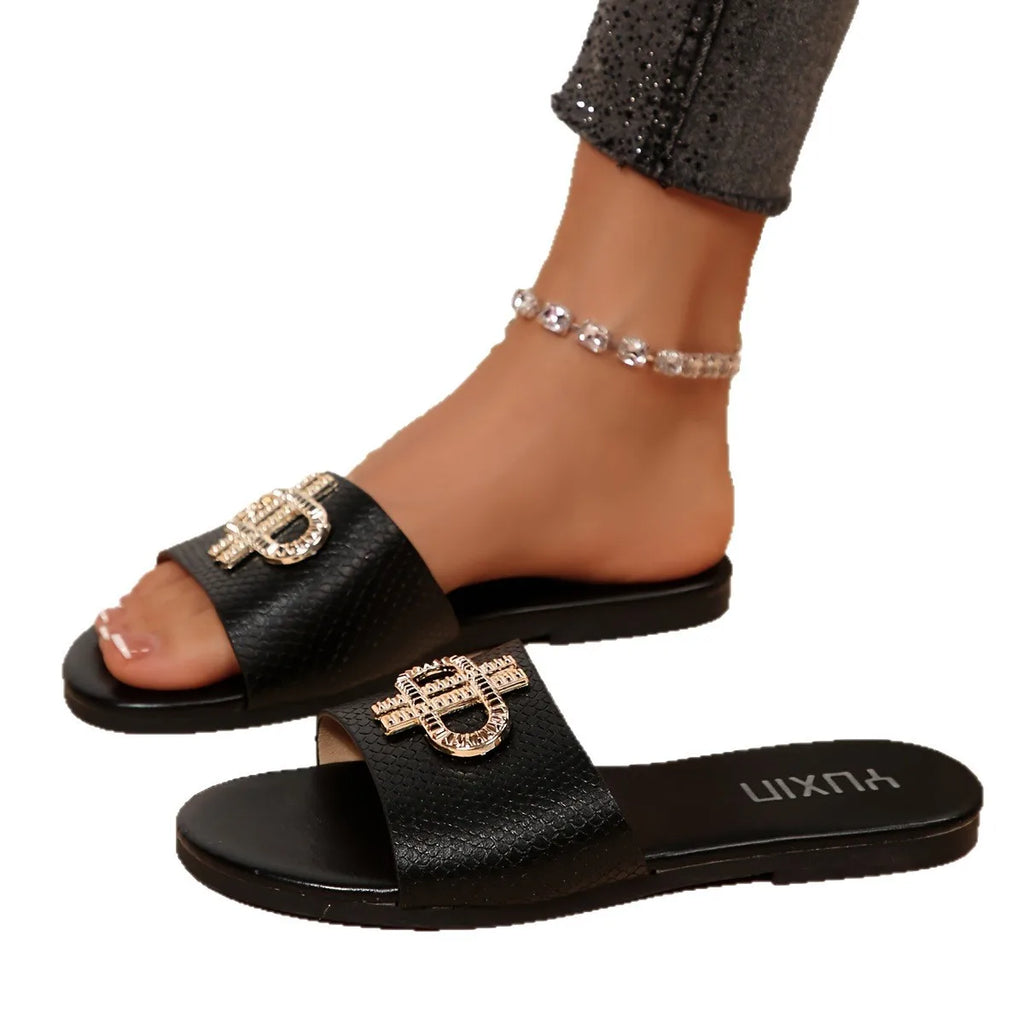 Women's Shoes New Fashion Slippers Classic Elegant Versatile Solid Color Metal Decoration Round Toe Flat Sandals