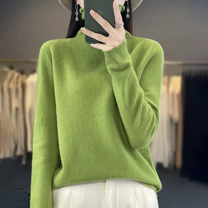 Autumn Winter Women 100% Merino Wool Sweater Curled Pile Collar Warm Pullover Long Sleeve Cashmere Knitwear New Bottoming Tops