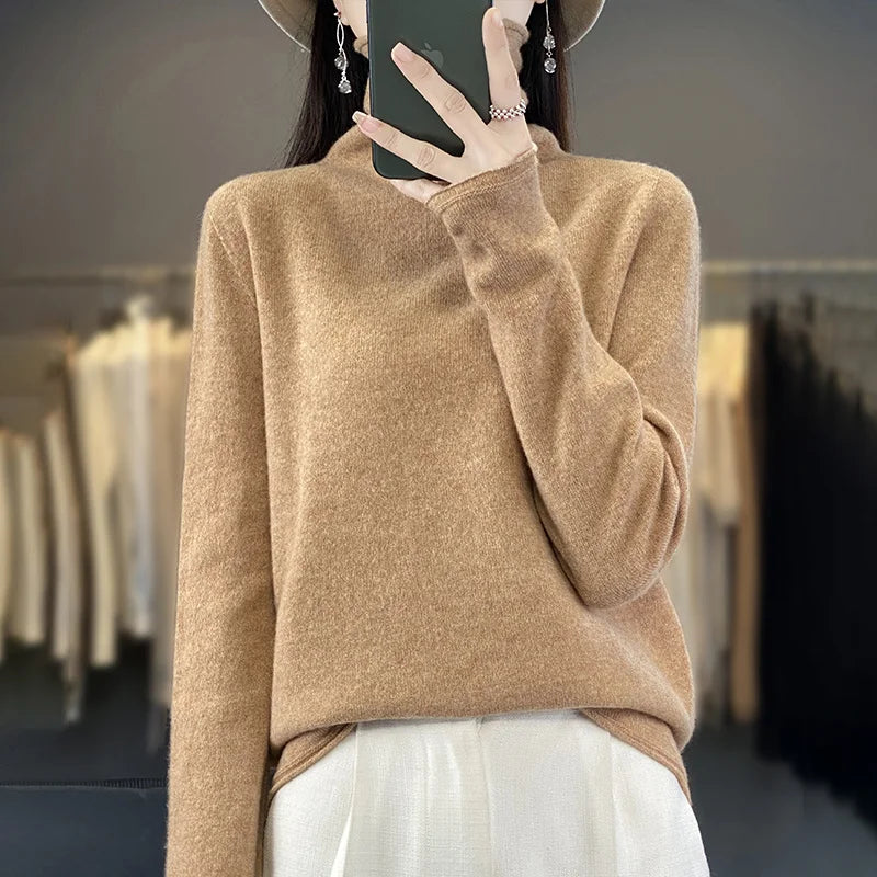 Autumn Winter Women 100% Merino Wool Sweater Curled Pile Collar Warm Pullover Long Sleeve Cashmere Knitwear New Bottoming Tops
