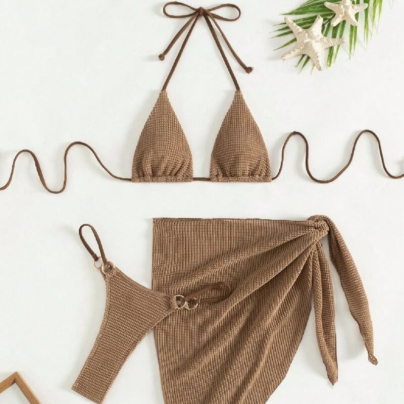Sexy Bikini Set Women Halter Push Up Bra Skirt 3 Piece Swimsuit Bathing Suit Cover Up Thong Swimwear Biquini Купальник Женский