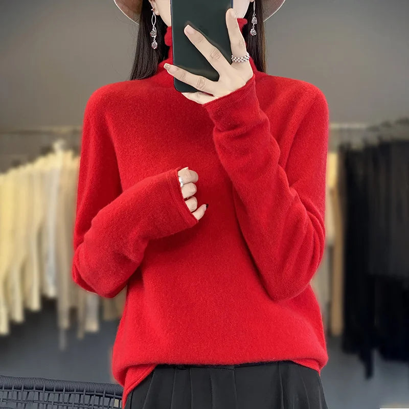 Autumn Winter Women 100% Merino Wool Sweater Curled Pile Collar Warm Pullover Long Sleeve Cashmere Knitwear New Bottoming Tops