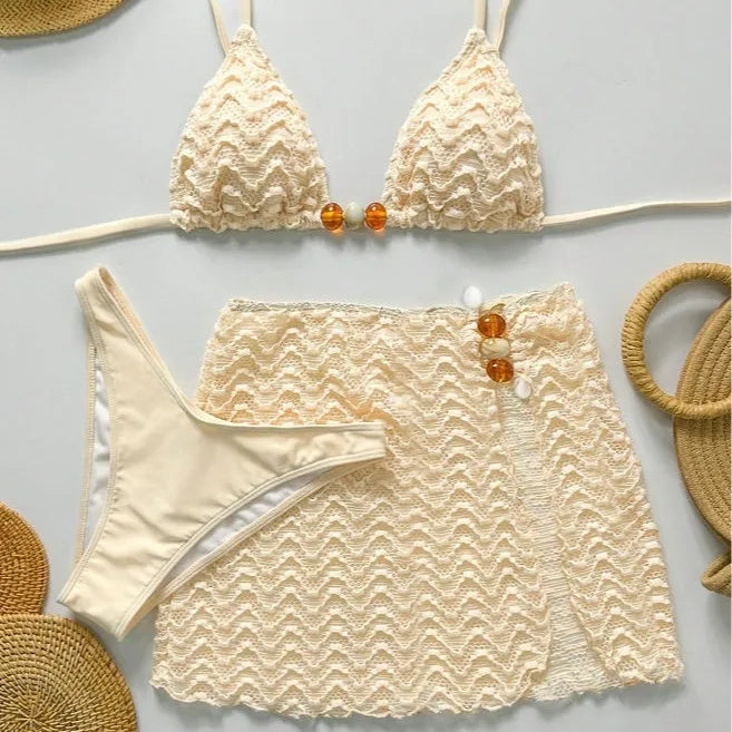 Sexy Bikini Set Women Halter Push Up Bra Skirt 3 Piece Swimsuit Bathing Suit Cover Up Thong Swimwear Biquini Купальник Женский