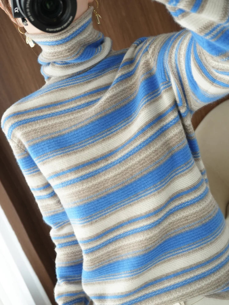 Autumn Winter Women Sweater Turtleneck Long Sleeve Warm Pullovers Fashion Stripe Knitwear Korean Bottoming Shirt Basic Jumper