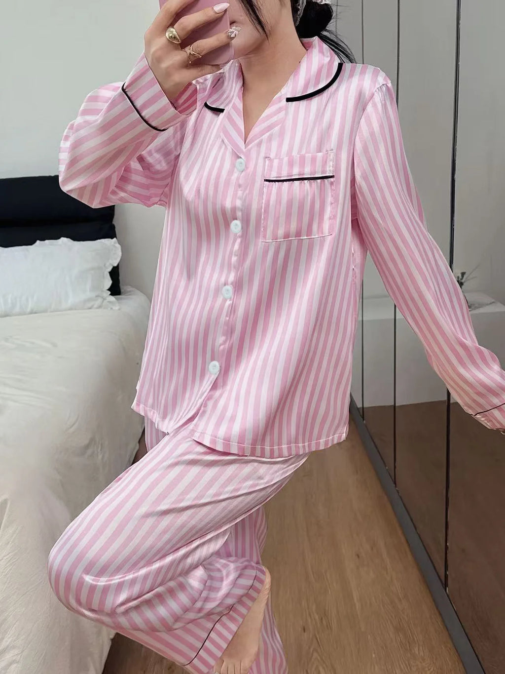 Loungewear – Pink Striped Satin Pajama Set