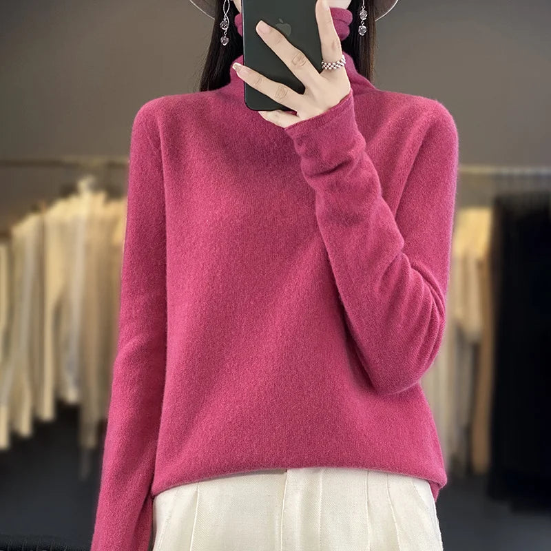 Autumn Winter Women 100% Merino Wool Sweater Curled Pile Collar Warm Pullover Long Sleeve Cashmere Knitwear New Bottoming Tops