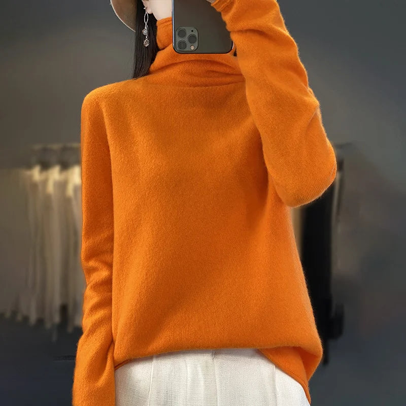 Autumn Winter Women 100% Merino Wool Sweater Curled Pile Collar Warm Pullover Long Sleeve Cashmere Knitwear New Bottoming Tops