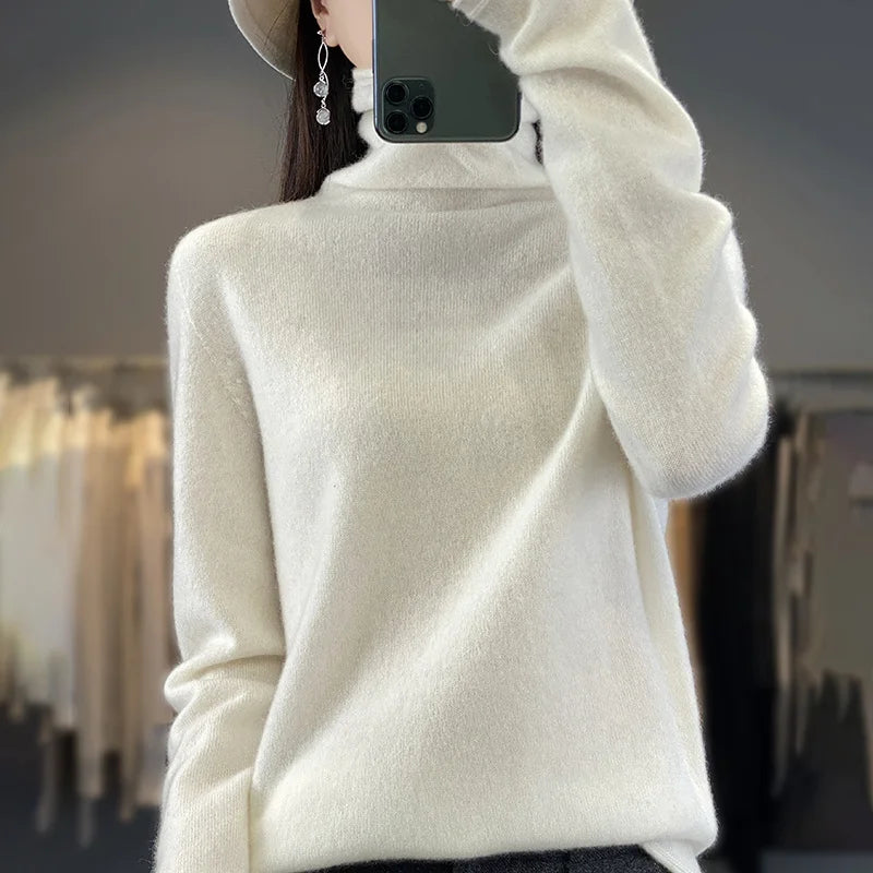 Autumn Winter Women 100% Merino Wool Sweater Curled Pile Collar Warm Pullover Long Sleeve Cashmere Knitwear New Bottoming Tops