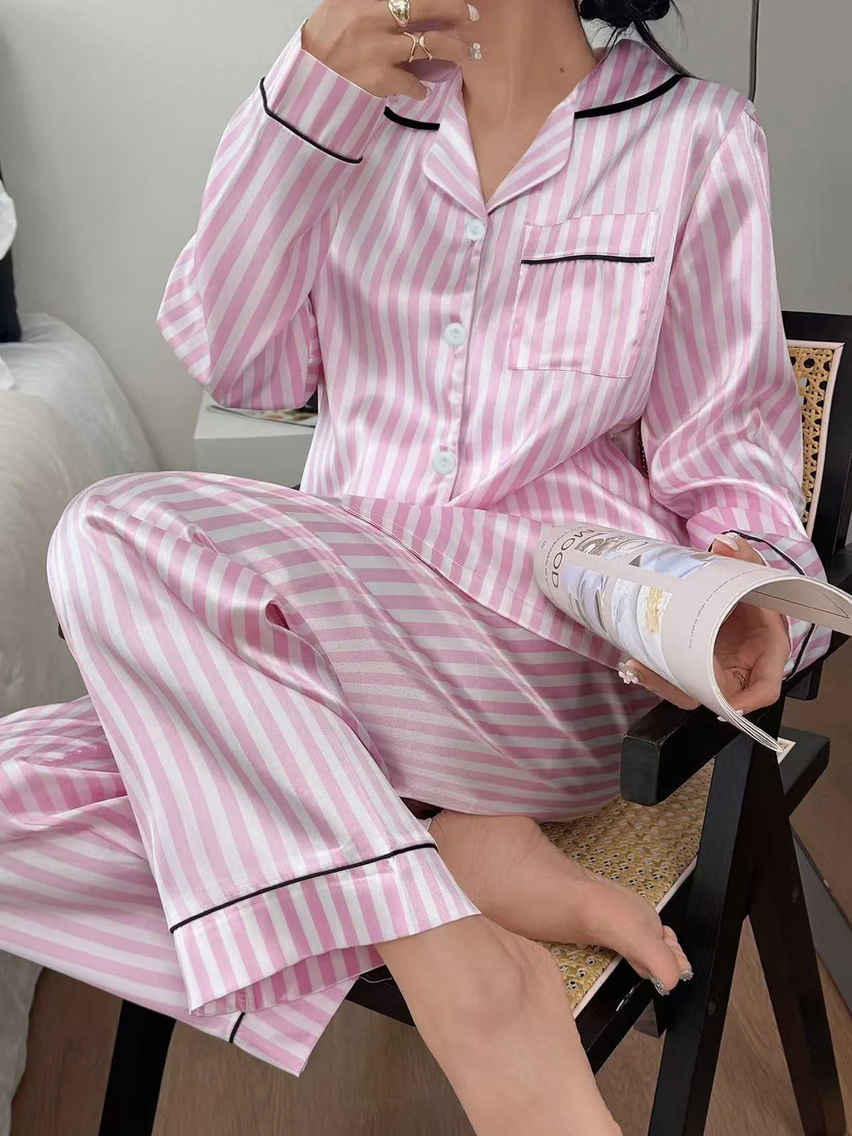 Loungewear – Pink Striped Satin Pajama Set