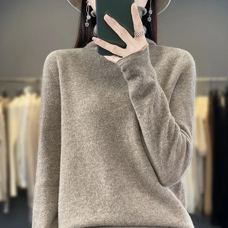 Autumn Winter Women 100% Merino Wool Sweater Curled Pile Collar Warm Pullover Long Sleeve Cashmere Knitwear New Bottoming Tops
