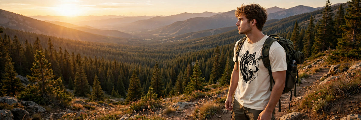 Young man wearing Wildmark wolf tee on a mountain trail at golden hour